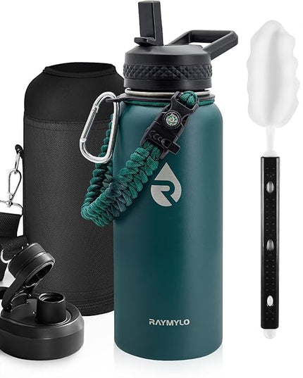 Insulated Water Bottle 32 oz, Triple Wall Vacuum Stainless Steel (Cold for 48 Hrs), Leak Proof & Non-BPA, Modern Water Flask Jug with Paracord Handle & Straw Spout Lids, Dark Green