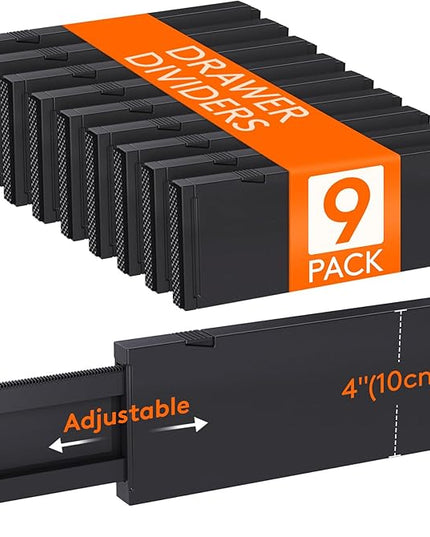 Lifewit 9 Pack Drawer Dividers 4" High, 11-17" Adjustable Drawer Organizers for Clothes, Expandable Dresser Separators in Bedroom/Bathroom/Kitchen/Fridge/Office Organization and Storage, Black