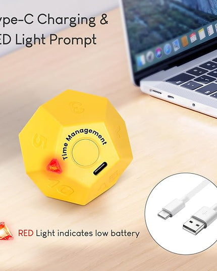 Yellow Pomodoro Timer - 11 Preset Productivity Cube, Ring/Vibrate Mode, Rechargeable, Perfect for Cooking, Learning, Exercise and Beauty