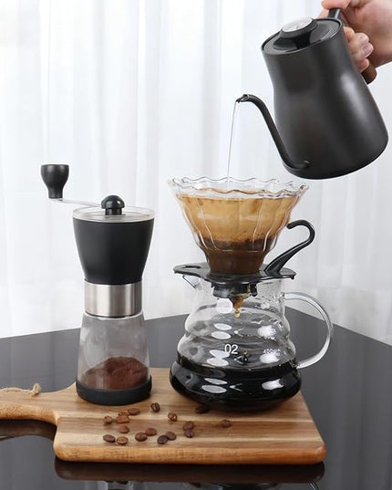 Pour Over Coffee Maker Set, Portable coffee Set - Manual Coffee Grinder, Coffee Dripper Set, Gooseneck Kettle，two cups, suitable for Camping, RV, Home, and Office