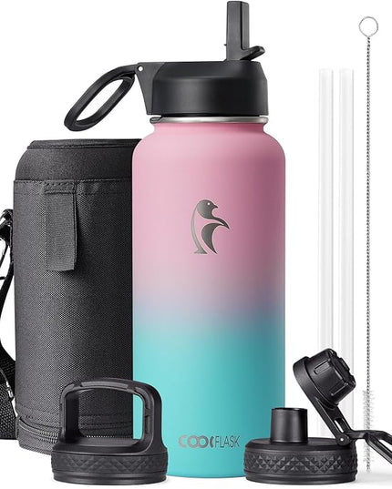 32 oz Insulated Water Bottle with Straw&3 Lids, Coolflask Stainless Steel Metal Flask Wide Mouth for Sports or Office, Non-BPA Keep Cold Up to 48 Hrs or Hot Up to 24 Hrs, Bubblegum Princess