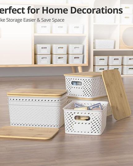 Plastic Storage Bins with Bamboo Lids, Stackable Small Box Baskets for Organizing and Containers for Shelves Drawers Desktop Closet Pantry Classroom Office Home, 6 Pack 10.2x7.2x4.1 Inch, White