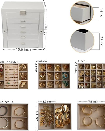 BOOVO Jewelry Box For women, 6 Layer Large Jewelry Organizer With Mirror, Multi-Function Storage Box With Lock, Necklace Holder With 5 Drawers, For Earrings Necklace Bracelet (Silver and Grey)