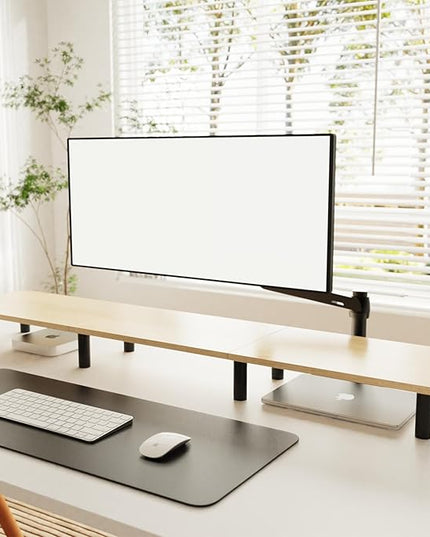 Large Extra Long Monitor Stand Riser 43.7in,Dual Monitor Riser, Wide TV Stand for 2 Monitors, Wood & Steel Leg Adjustable Height Desktop Riser, Home Office Organization. (Natural)
