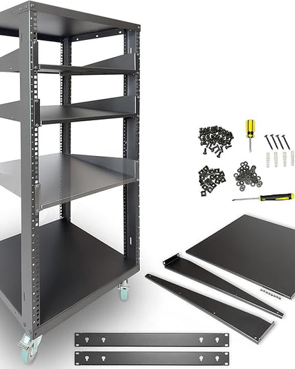 AxcessAbles 22U Open Frame Network & AV Rack with Caster Wheels, Three 2U Shelves, 10-32 & Cage Nut Compatible Rails, Cage Nuts, Screws, Cage Nut Tool & Wall Mount Kit | 19-Inch Equipment Rack