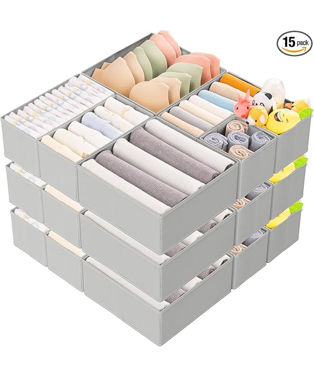 Criusia 15 Pack Drawer Organizer for Clothes, Foldable Dresser Dividers with 3 Sizes, Fabric Storage Bins – Gray