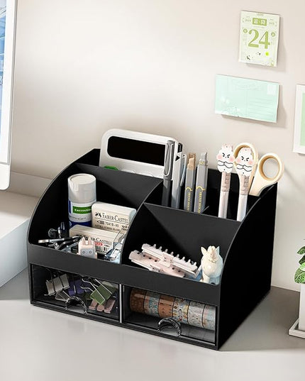 Desk Organizer with 6 Compartments and 2 Drawers, Plastic Makeup Organizer, Pen Holder for Desktop Storage, Desk Organization for School, Home, Office Supplies (Black)