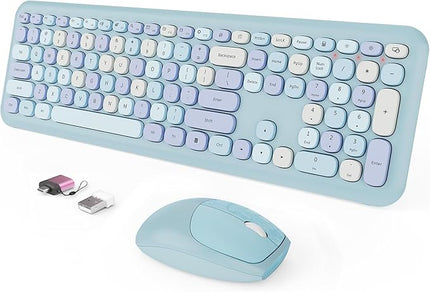 Wireless Keyboard and Mouse Combo, Colorful Ergonomic Full Size Retro Low-Noise Keyboard with Cute keycaps, Compatible with Windows, PC, Perfer for Home and Office Keyboards (Blue)