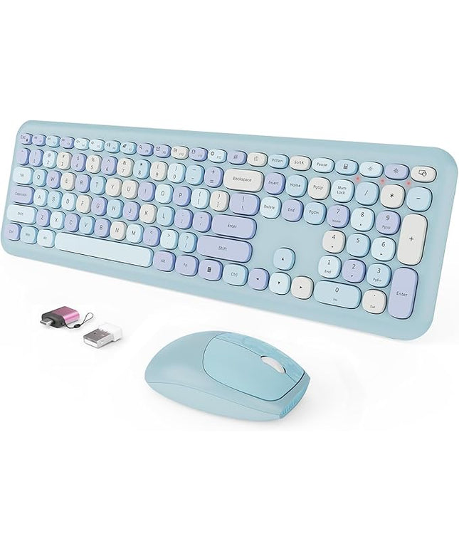 Wireless Keyboard and Mouse Combo, Colorful Ergonomic Full Size Retro Low-Noise Keyboard with Cute keycaps, Compatible with Windows, PC, Perfer for Home and Office Keyboards (Blue)