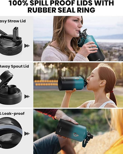 One Gallon Water Bottle Insulated, Triple Walled Vacuum Stainless Steel (Cold for 48 Hrs), Leak Proof & Non-BPA, Large Water Flask Jug with Paracord Handle & Straw Spout Lids