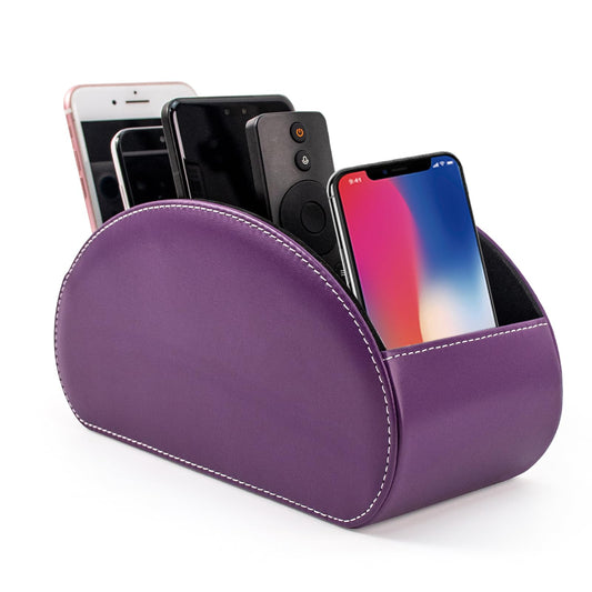 Remote Control Holders Organizer Box with 5 Compartment PU Leather Multi-functional Office Desk Storage Caddy Store Tv Remote for Media Player,Brush,Pencil,Glassees&Office Supplies (Dark Purple)
