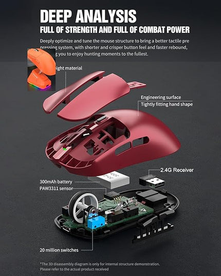 Lightweight Gaming Mouse, RGB Light 3 Mode Connection with 6 Adjustable DPI 800 12000, 7 Customizable Buttons, with Magnetic Charging Base (Red)