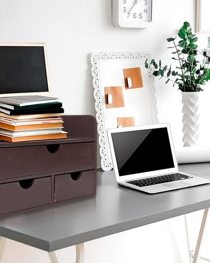 Besti Wooden Office Desk Organizer - Organizing Tool for Desktop, Cubicle, Bedroom, Kitchen - Vintage Style Organization Caddy with Top Tray Shelf & 3 Drawers - 13.6x9x7 Inches (Dark Brown)