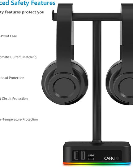 KAFRI RGB Dual Headphone Stand with USB C Charger Desk Gaming Double Headset Holder Hanger Rack with 3 USB Charging Port and 2 Outlet - Suitable for Gamer Desktop Table Game Earphone Accessories Gift