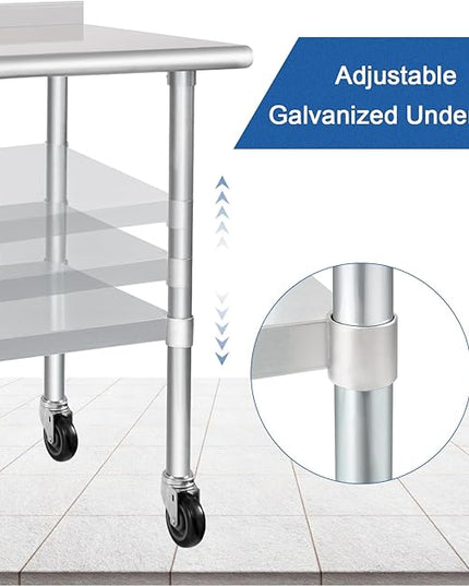 HARDURA Stainless Steel Table 30 x 48 Inches with Wheels Casters NSF Heavy Duty Commercial Prep Table with 2” Backsplash and Adjustable Undershelf for Restaurant Kitchen Home and Hotel
