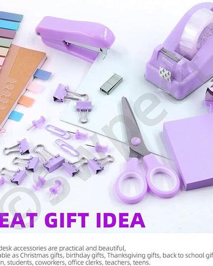Swpeet 9Pcs Purple Office Supplies Kit, Desk Accessories Including Stapler, Tape Dispenser, Staple Remover, Tabs, Scissors, Staples, Tape, Clips and Sticky Note Ideal for Office and School