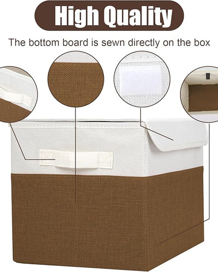 Large 22 Quart Linen Fabric Foldable Storage Bin Cube Organizer Basket with Flip-Top Lid & Handles, Clothes Blanket Box for Home, Office, Closet, Brown & White, 4 Pack 14.6 x 9.5 x 9.5