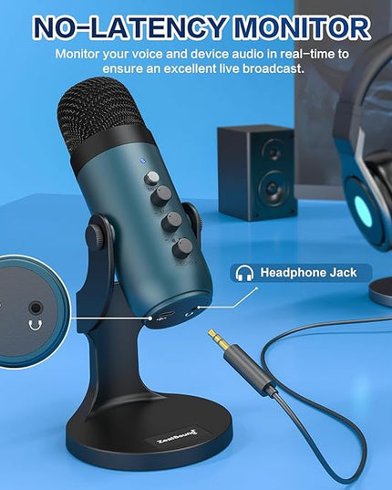ZealSound USB Condenser Microphone,Computer PC Gaming Mic,Plug&Play Microphones for PS 4&5.Monitor Adjust&Volume Control,Mic Gain Control,Mute Button for TikTok,YouTube Podcast on Mac&Windows(Teal)