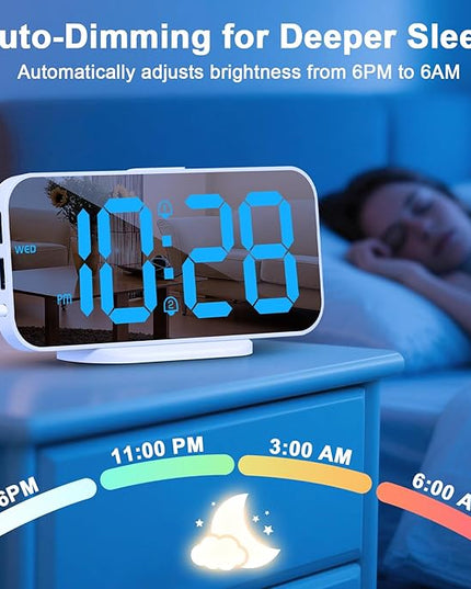 ALANAS Mirror Digital Alarm Clock, Dual Alarms with Snooze, 4-Level Dimmer, 2 USB Ports, Plug in Modern Alarm Clock for Bedrooms (Blue Digit)