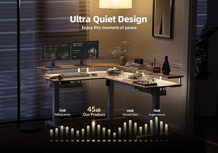 Claiks 63" L Shaped Standing Desk with Drawers and LED Lights, Height Adjustable Electric Corner Standing Desk with Monitor Stand & Power Outlet, 4 Memory Preset, Nature
