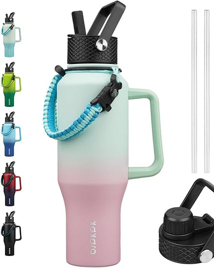 BJPKPK Insulated Water Bottles with Straw Lid, 35oz Metal Water Bottle with 2 lids & Paracord Strap, Double Wall Stainless Steel Tumbler with Handle, Reusable Cups, Mugs, Thermo, Marshmallow