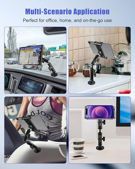 THXCHER Industrial Aluminum Tablet Mount with Dual Link Arm, Heavy Duty 360° Adjustable Holder for 6-13" Devices, Multi-Hole Base for Truck Boat Wall Desk Installation