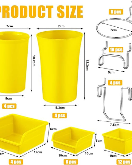 Roowest 60 Pcs Pegboard Cups Pegboard Bins Set, Wall Organizer with Hooks and Loops, Hooks Assortment Organizer Accessory for Office Storage Garage Craft Workshop(Yellow)
