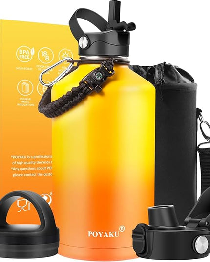 Water Bottle Insulated 32oz 40oz 64oz 128oz Straw Lid Spout Lid & 3 Lids, Leak Proof, Vacuum Insulated,Stainless Steel Water Bottle Wide Mouth for Sports, Gym or Office