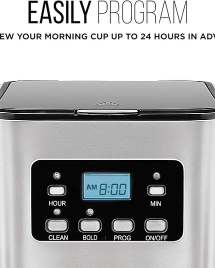 Chefman 12-Cup Programmable Coffee Maker, Electric Brewer, Auto Shut Off, Digital Display w/Auto-Brew Function, Anti-Drip Pot, Reusable Filter for Fresh Grounds, Square Stainless Steel, Glass Carafe