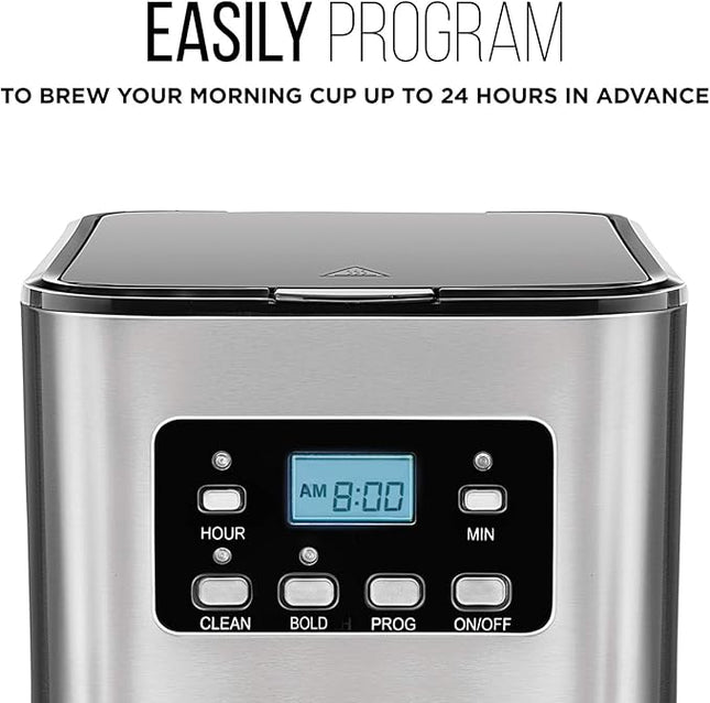 Chefman 12-Cup Programmable Coffee Maker, Electric Brewer, Auto Shut Off, Digital Display w/Auto-Brew Function, Anti-Drip Pot, Reusable Filter for Fresh Grounds, Square Stainless Steel, Glass Carafe