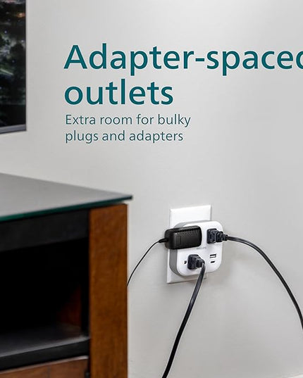 Philips EZFit 3-Outlet Surge Outlet Extender with USB, 1 USB-A, 1 Type-C, Adapter Spaced, Charging Station, 12W, 980 Joules, 2 Pack, White - SPP3605W/37