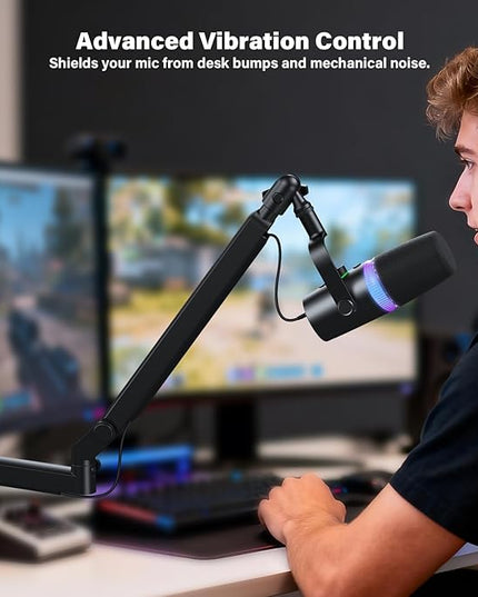 Low Profile Mic Arm, Cable Management Microphone Boom Arm, Full Aluminum Adjustable Mic Stand with Desk Clamp, 360°Rotatable Heavy Duty Microphone Stand for Streaming, Podcasting, Recording