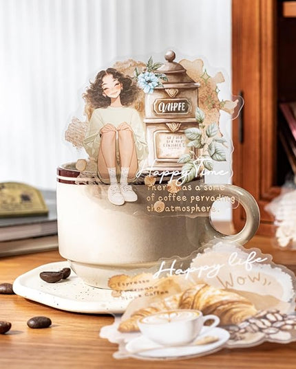 AuriicLeaf Coffee Aesthetic PET Stickers, 60 Pcs Large Collage Ephemera for Scrapbooking, Journaling, DIY Crafting, and Art Supplies