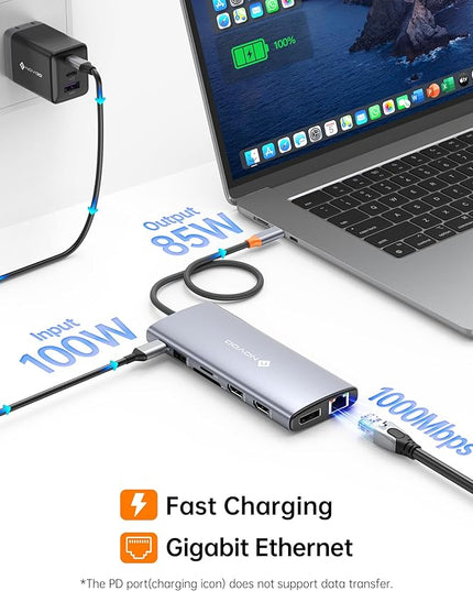NOVOO USB C Docking Station Dual Monitor for Laptop, 14 in 1 Hub Adapter Thunderbolt 3 to Dual 4K60 HDMI+8K30 DP USB C/A Data 100W PD RJ45 SD/TF Audio