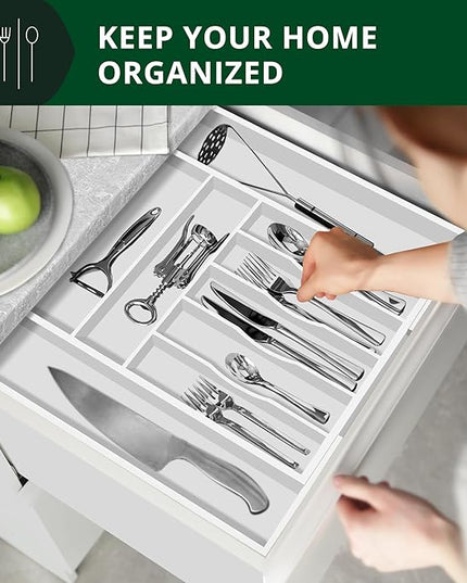 ROYAL CRAFT WOOD Luxury Bamboo Kitchen Drawer Organizer - Silverware Organizer - Utensil Holder and Cutlery Tray with Grooved Drawer Dividers for Flatware and Kitchen Utensils (9 Slot, White)