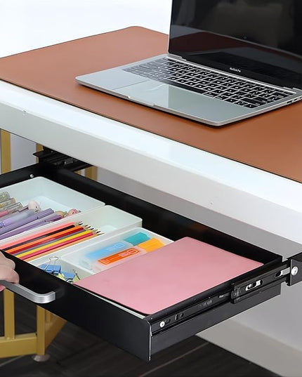 OSteed Under Desk Drawer Black 21" with 4 Divider Trays, Under Shelf Pencil Drawer Pull-out, Standing Desk Metal Storage Attachment Slide Out for Workbench