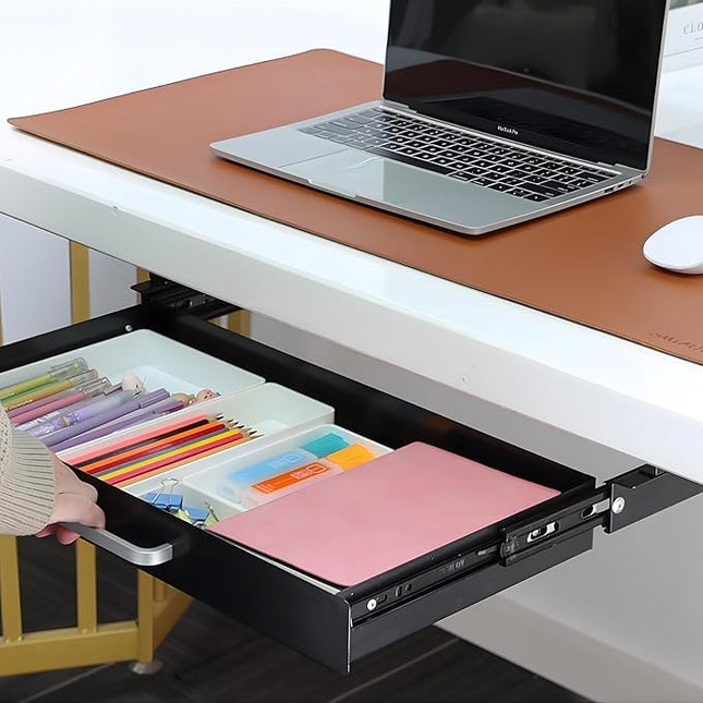 OSteed Under Desk Drawer Black 21" with 4 Divider Trays, Under Shelf Pencil Drawer Pull-out, Standing Desk Metal Storage Attachment Slide Out for Workbench