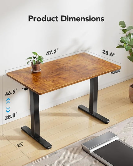 HUANUO 48 x 24 inch Electric Standing Desk, Height Adjustable Table with Headphone Hooks & Cable Manager, Sit to Stand up Desk for Home Office, Vintage Brown