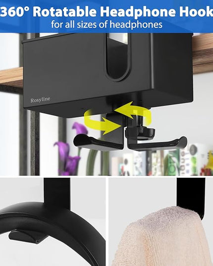 ROSLINE 3-in-1 Clip-on Desk Organizer - Pen, Headphone, and Cup Holder for Expanding Office and Gaming Space (Black)