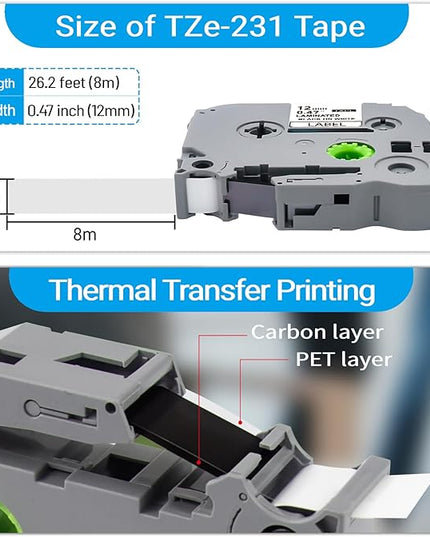 24PK Tze-231 12mm 0.47 Laminated White TZe Replacement for Brother TZ-231 TZe231 P Touch Label Tape, TZ Tape 12mm for P Touch Label Maker PTH110 PTD220 PTD400 PTD410 PTD600 PT1180