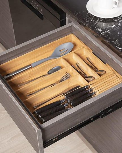 Bamboo-Silverware-Drawer-Organizer-Kitchen, Expandable Utensil Holder Cutlery Tray Flatware Organization Adjustable Wood Tableware Dividers Storage (with Removable Knife Block)(Natural)