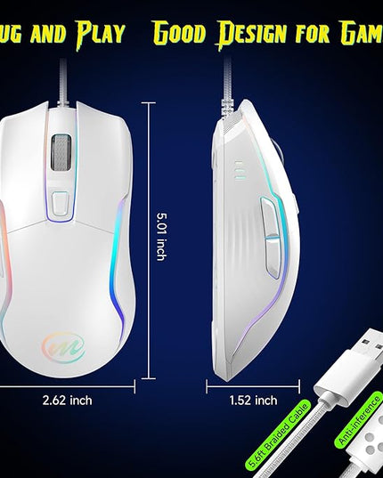 memzuoix Wired Gaming Mouse with RGB - 6 Adjustable DPI up to 12800, 6 Buttons, 12 Lighting Modes, Ergonomic Design with Anti-Slip Rubber Wheel, 5.6ft Braided Cable for PC/Mac/Windows - White