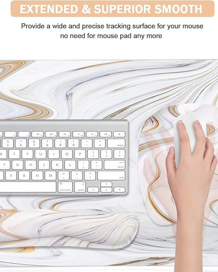 Keyboard Wrist Rest Large Mouse Pad Wrist Support for Computer, 4 in 1 Memory Foam Keyboard Pad Desk Mat Ergonomic Hand Rest Wrist Cushion for Home Office Gaming-White Marble