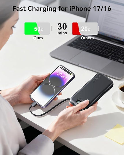 12000mAh Ultra-Portable-Charger-Power-Bank with Built in Cables&AC Wall Plug,PD20W USB-C Fast Charging Cell Phone Charger Battery Pack,LED Display Travel Battery Bank for All iPhone,Samsung,Android