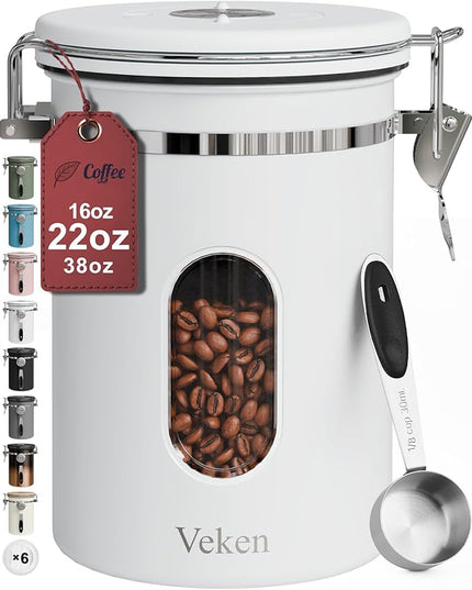Veken Coffee Canister with Window, Airtight Stainless Steel Kitchen Food Storage Container with Lids, Date Tracker and Scoop for Grounds Coffee, Beans, Tea, Flour, Cereal, Sugar Jars, 22OZ, White