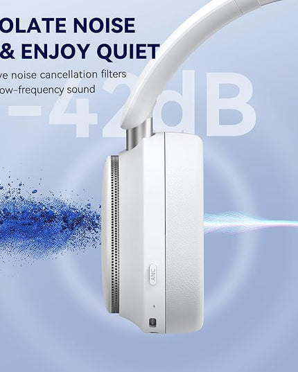 Hybrid Active Noise Cancelling Headphones, Over Ear Bluetooth 6.0 Wireless Headphones, 50H Playtime, Deep Bass, HiFi Stereo Sound（White）
