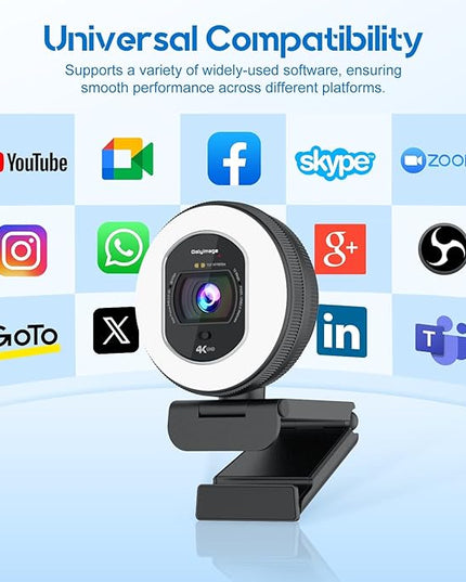 4K Webcam with Ring Light Web Cam 4K Autofocus with TOF Computer Camera 1080P 60FPS Web Camera Built-in Privacy Cover and Microphone Streaming Webcams for Zoom/Skype/Google Meet