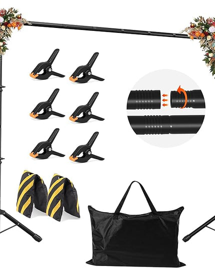 JSungo Backdrop Stand, Adjustable 10x7.5 FT Background Stand Backdrop for Parties, Photo Video Studio, Portable Photography Backdrop Stand with Carrying Bag, 6 Backdrop Clamps, and 2 Stand Bags