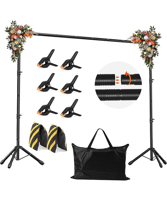JSungo Backdrop Stand, Adjustable 10x7.5 FT Background Stand Backdrop for Parties, Photo Video Studio, Portable Photography Backdrop Stand with Carrying Bag, 6 Backdrop Clamps, and 2 Stand Bags