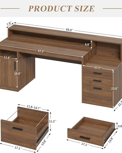 Computer Desk with 3 Drawers & Storage Shelves, 65 Inch Home Office Desk with File Drawer & Cabinet, Writing Study Desks with Monitor Stand & Printer Shelf, Executive Desk, Brown